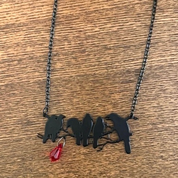 “Raven” Edgar Poe Perched Crows Birds Blood Droplet Macabre Gothic Grim Necklace - Picture 15 of 16